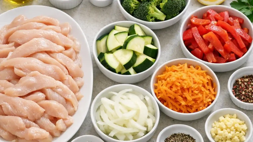 Healthy chicken and vegetable bowl served with rice.