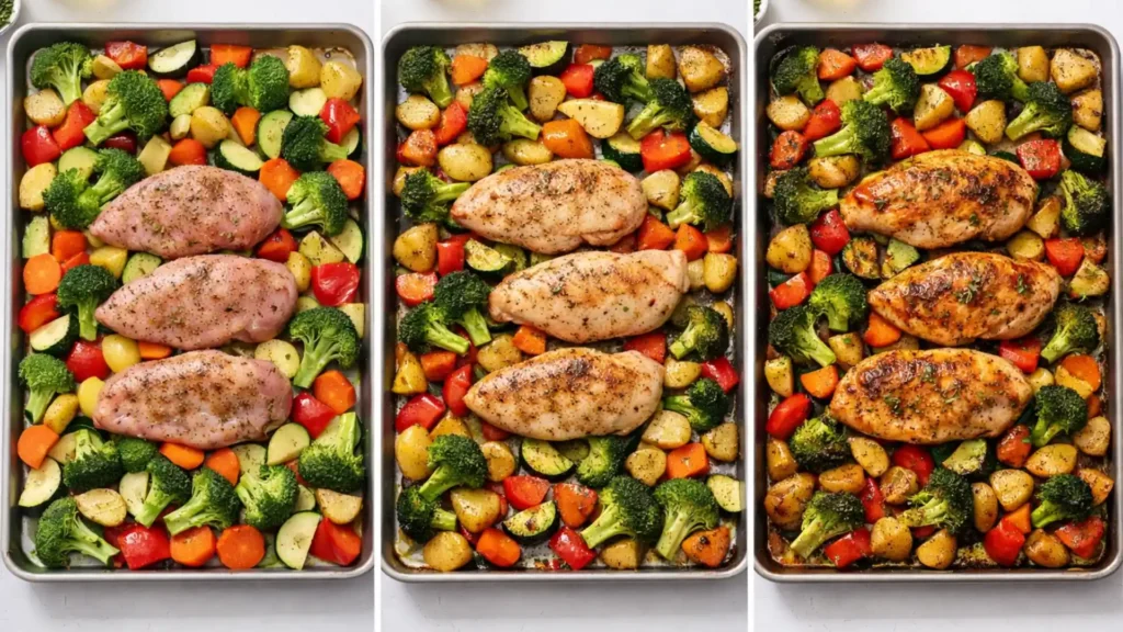 One-pan chicken and vegetables cooking step by step.