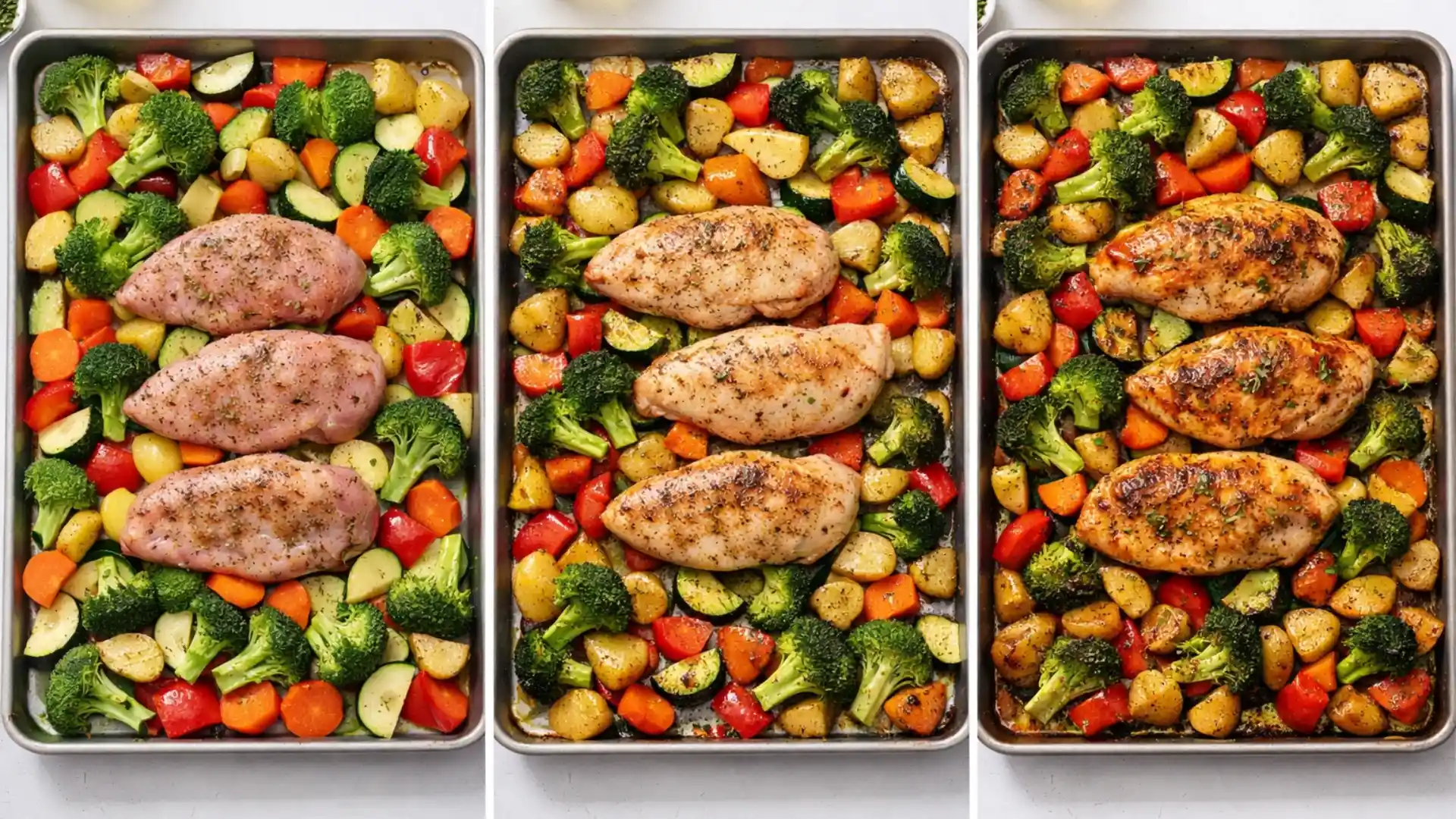 One-pan chicken and vegetables cooking step by step.