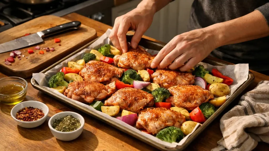 Preparing a one-pan chicken and vegetable dinner.
