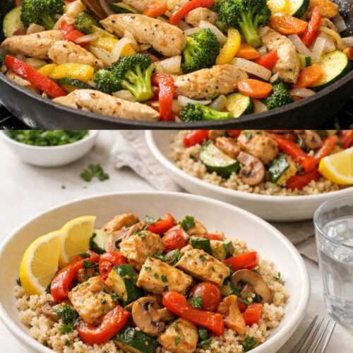 One-pan chicken and vegetable skillet cooking.