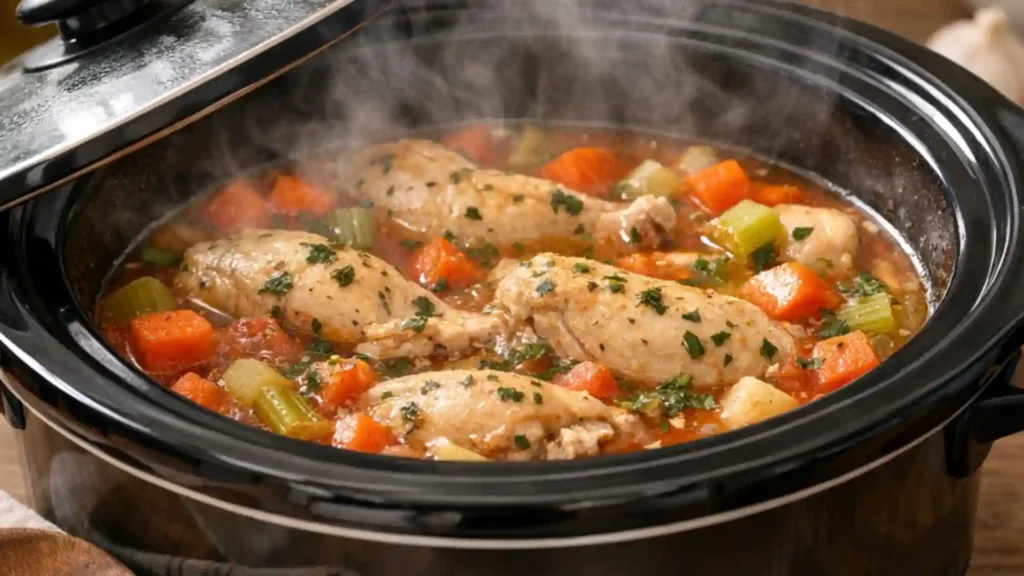 Slow cooker chicken and vegetables simmering in broth.