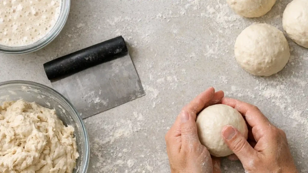 Shaping sourdough bread bowl dough by hand.