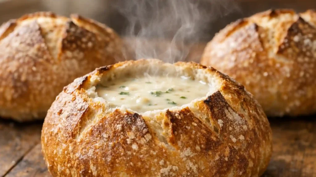 Freshly baked sourdough bread bowls with soup.