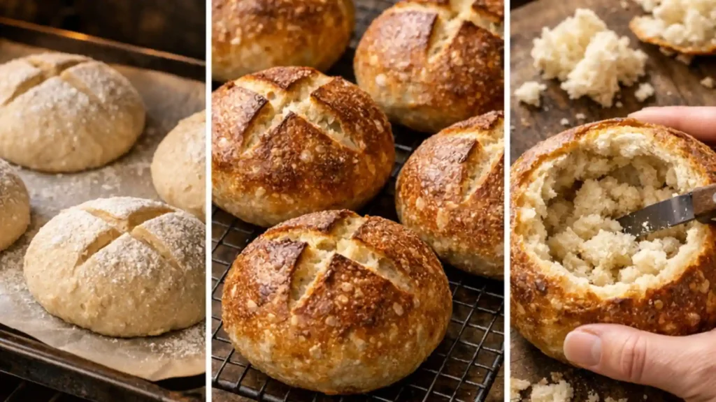 Baking and hollowing sourdough bread bowls.
