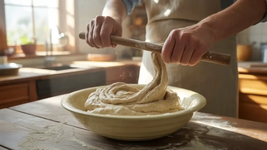 Mixing sourdough pretzel dough in a bowl.