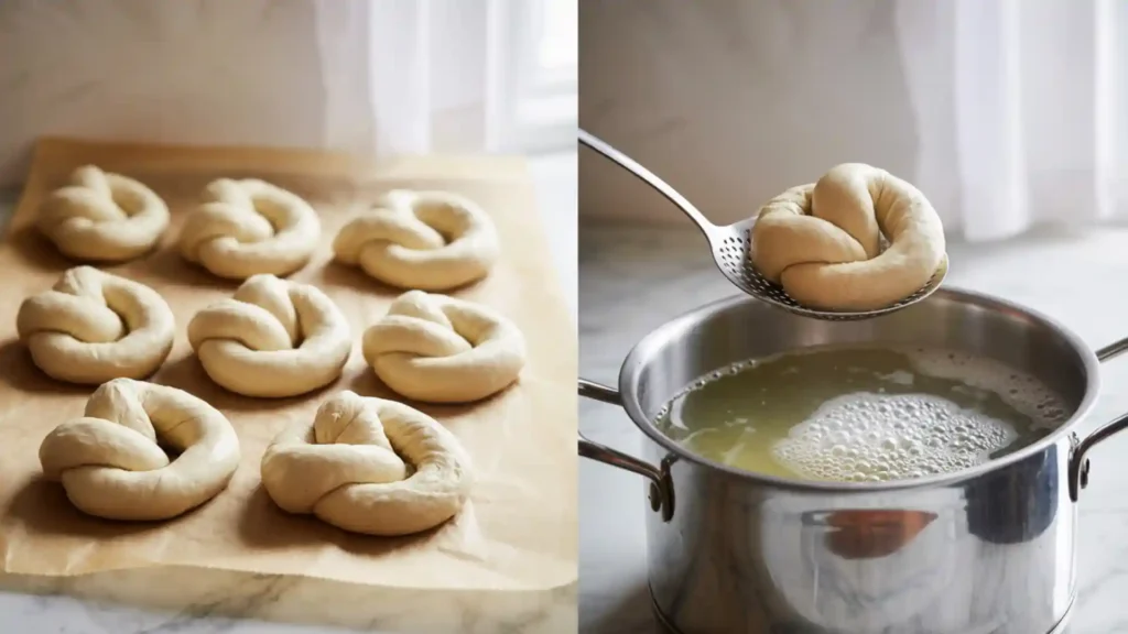 Shaping sourdough pretzels before boiling.