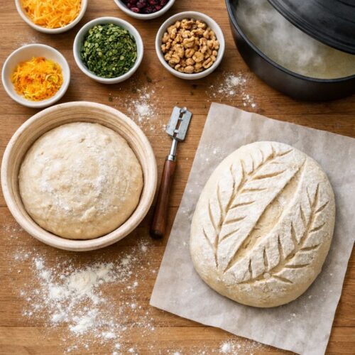 Flat lay of sourdough baking process.
