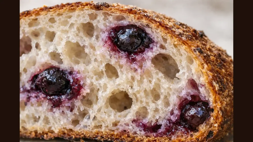 Close-up of blueberry sourdough crumb with berries.
