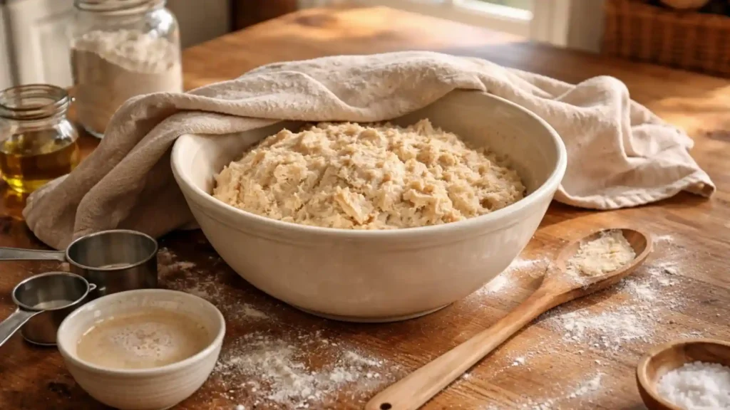Rustic bread dough resting in a mixing bowl.