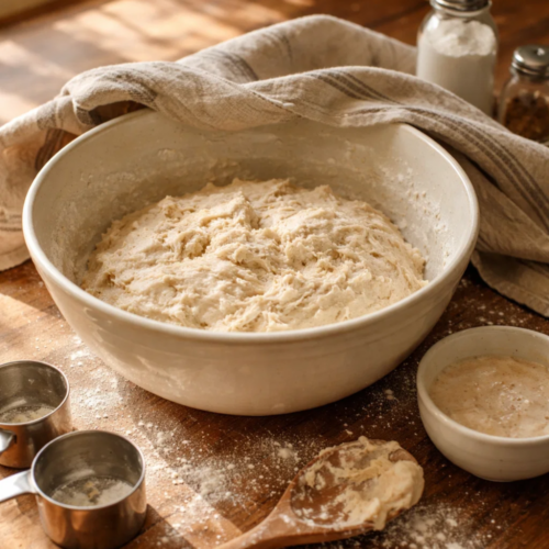 Bread dough rising in a bowl.
