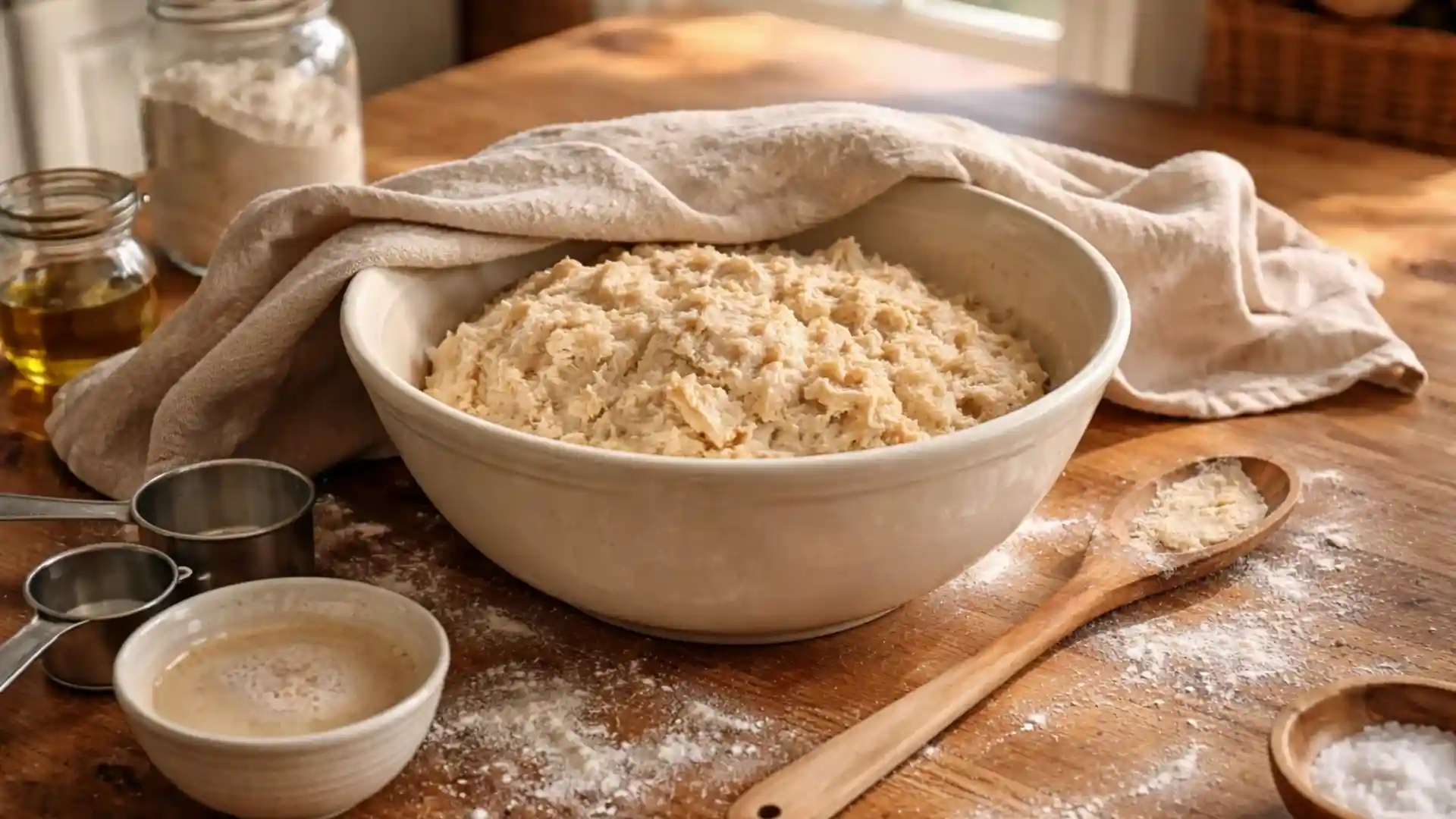 Rustic bread dough resting in a mixing bowl.