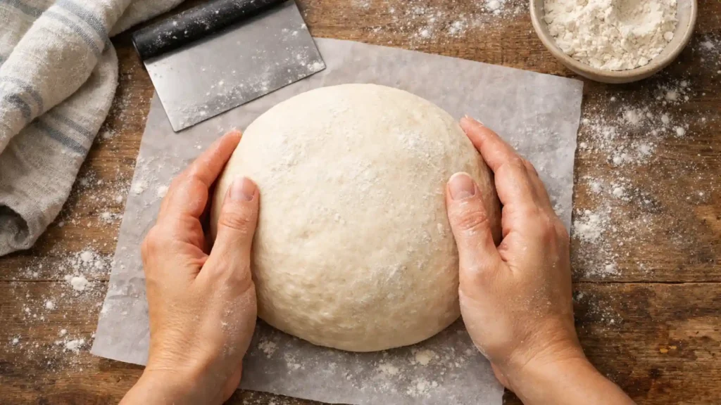 Shaping round bread dough on a floured surface.