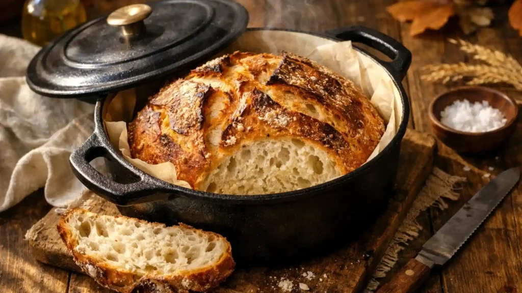 Crispy Dutch oven bread with golden crust.