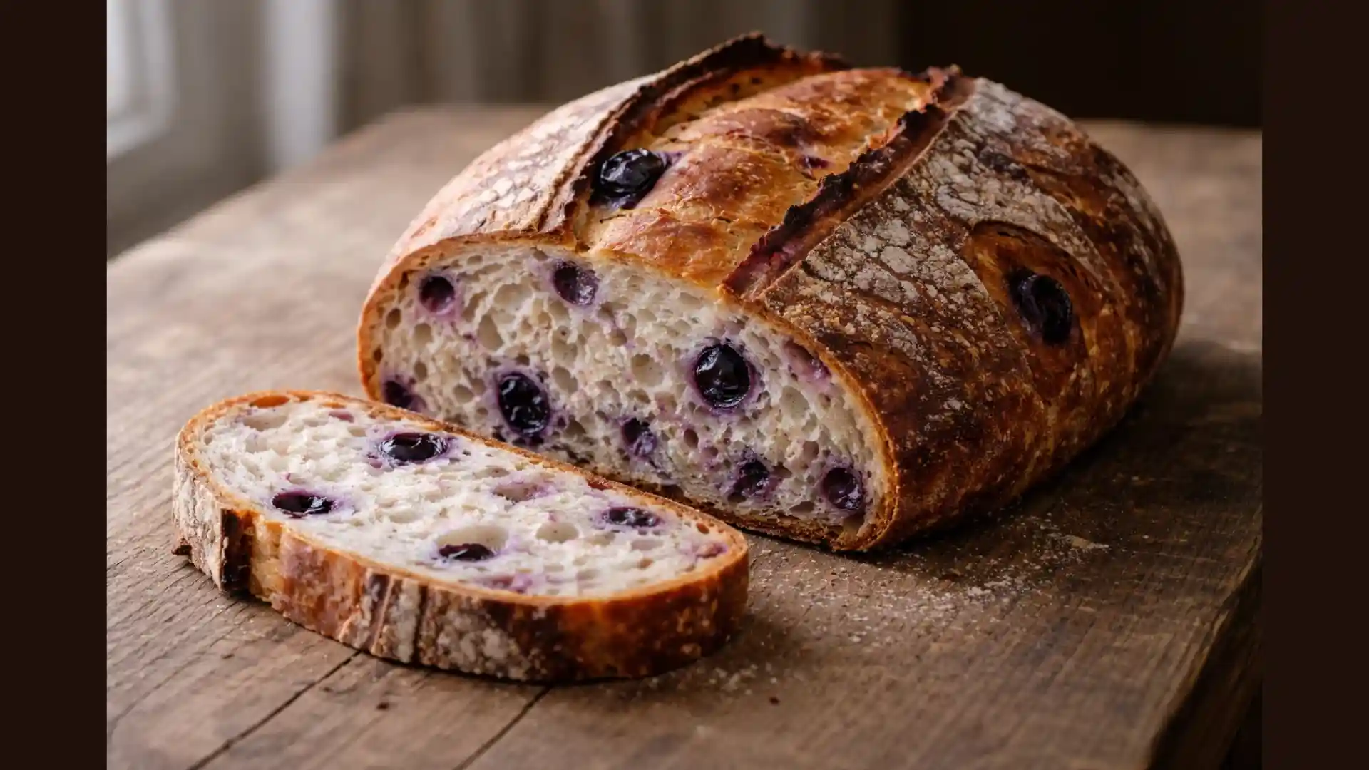 Sliced blueberry sourdough loaf with airy crumb.