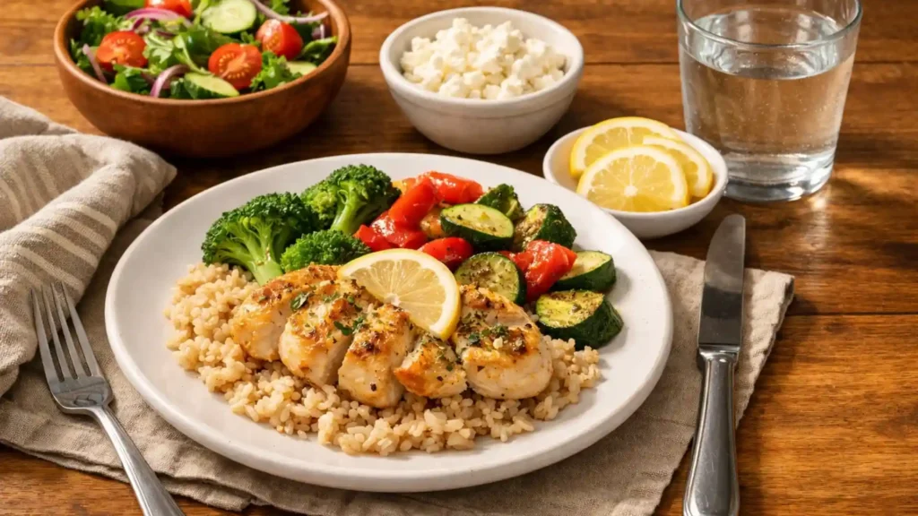 Lemon garlic chicken and vegetables served over brown rice.
