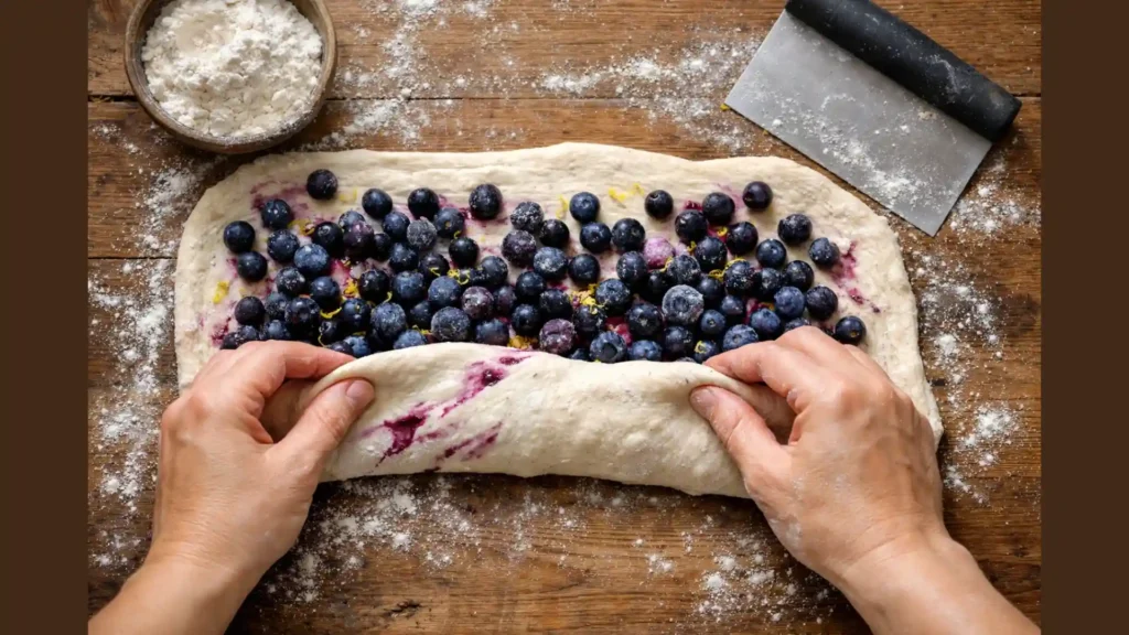 Folding blueberries into sourdough dough.