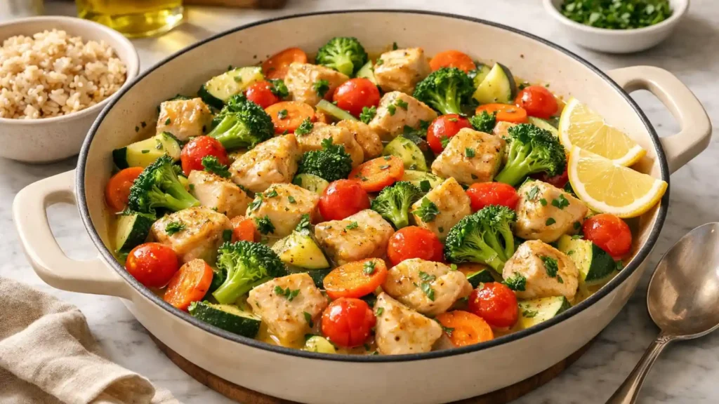 Lemon garlic chicken with vegetables in a skillet.