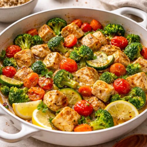 Lemon garlic chicken with vegetables in a skillet.