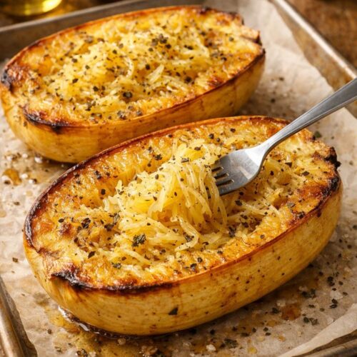 Roasted spaghetti squash halves with tender strands.