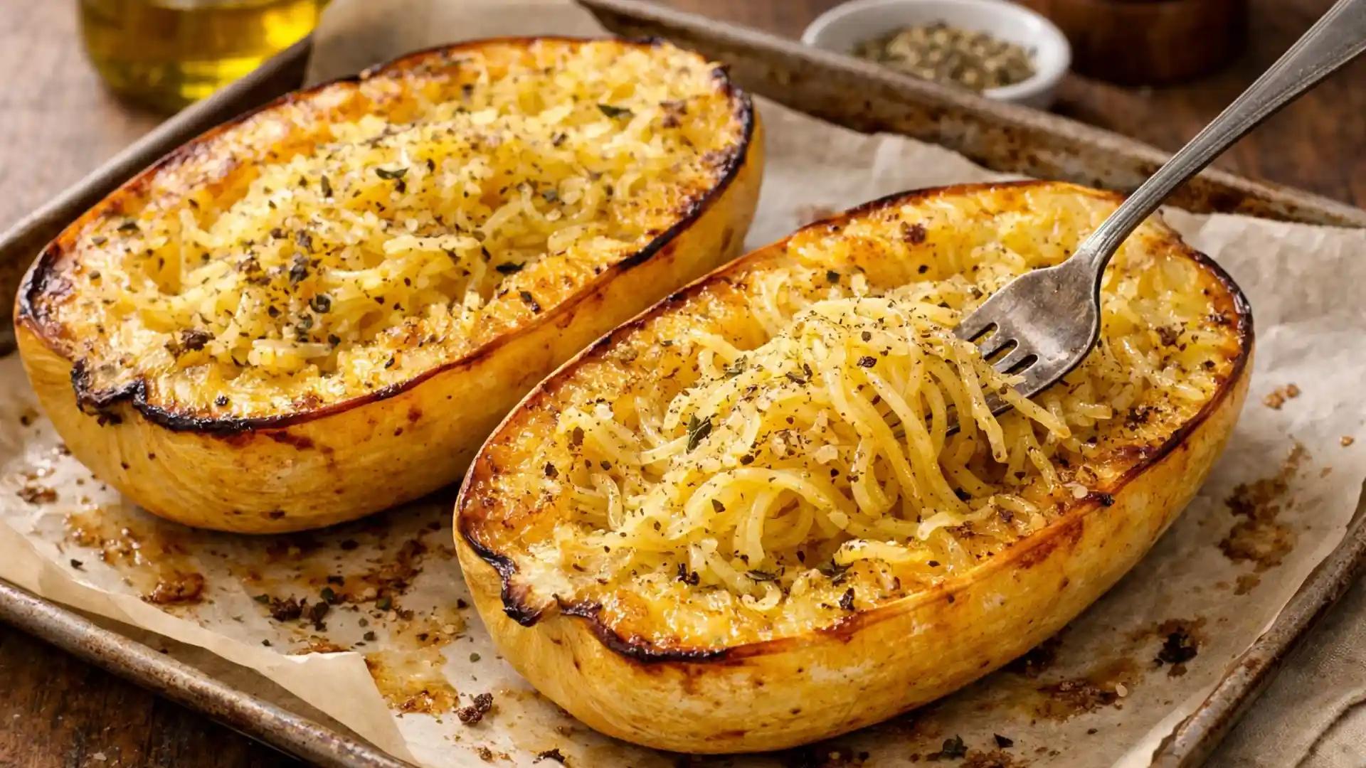 Roasted spaghetti squash halves with golden edges.