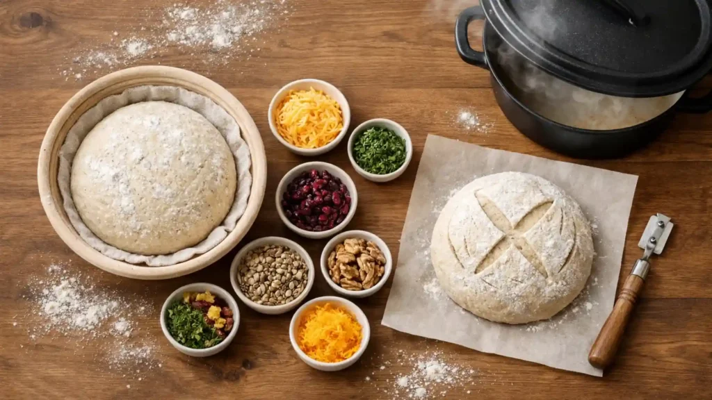Sourdough baking process laid out on a countertop.