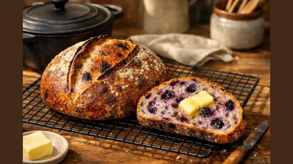 Sliced sourdough blueberry bread with purple streaks.