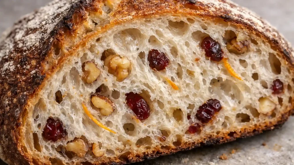 Close-up of sourdough crumb with nuts and dried fruit.