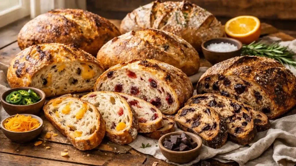 Assorted sourdough bread flavors sliced on a table.