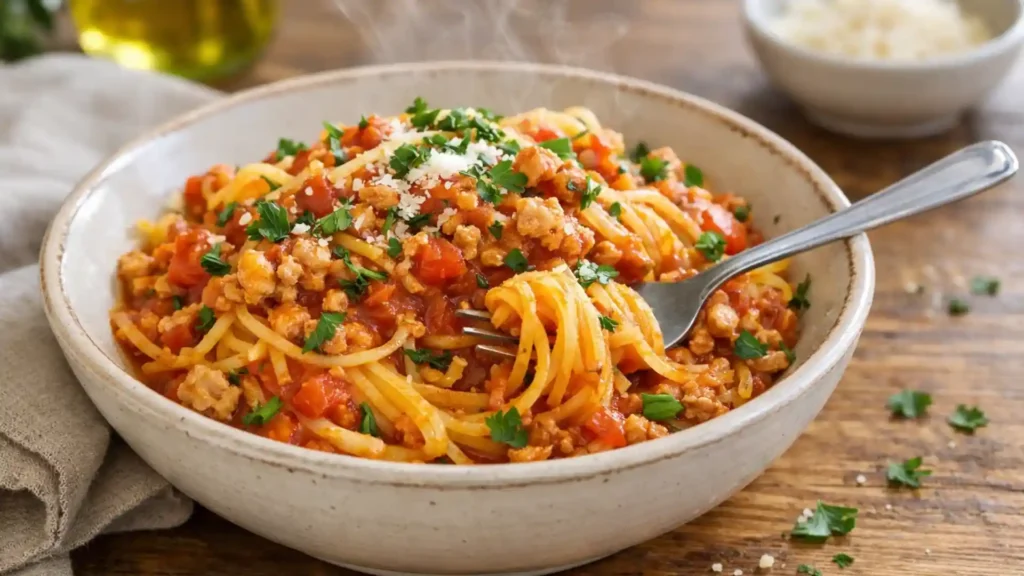Healthy spaghetti squash bowl with tomato sauce and herbs.