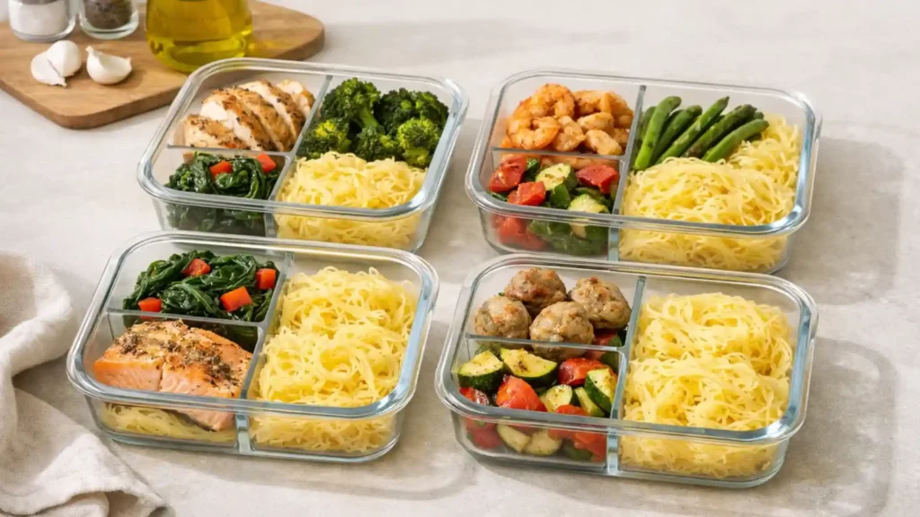 Spaghetti squash meal prep containers with vegetables and protein.