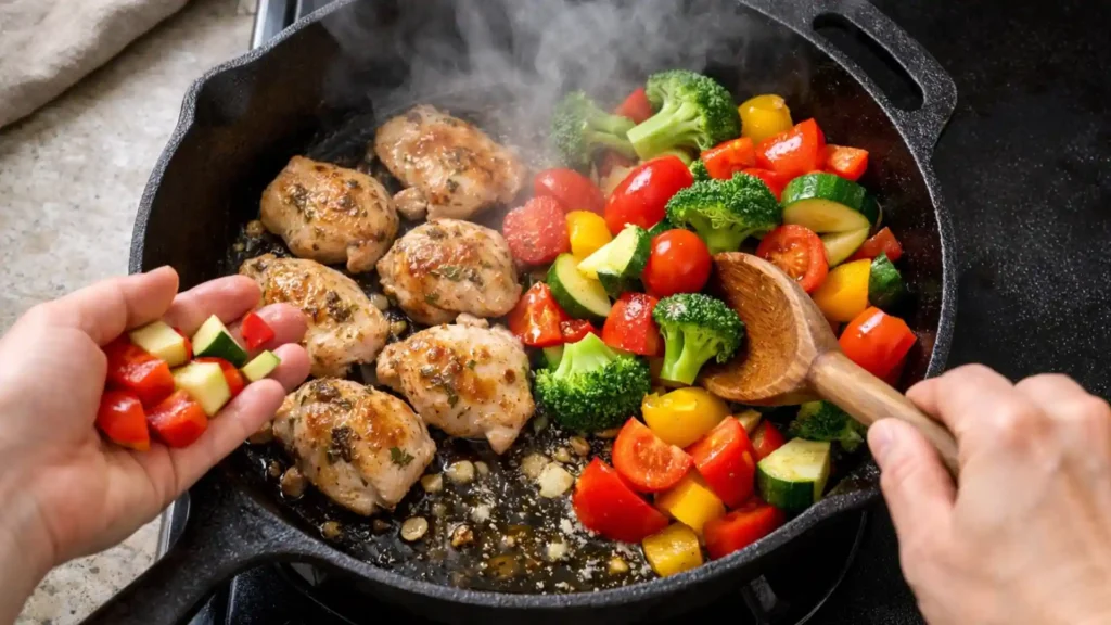 Cooking chicken and vegetables in a cast iron skillet.